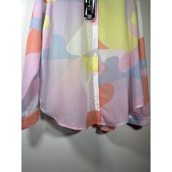 NEW Charlie B Sheer Chiffon Button-Down Top Y2K Colorful Abstract Artsy Boho XL - Picture 4 of 8